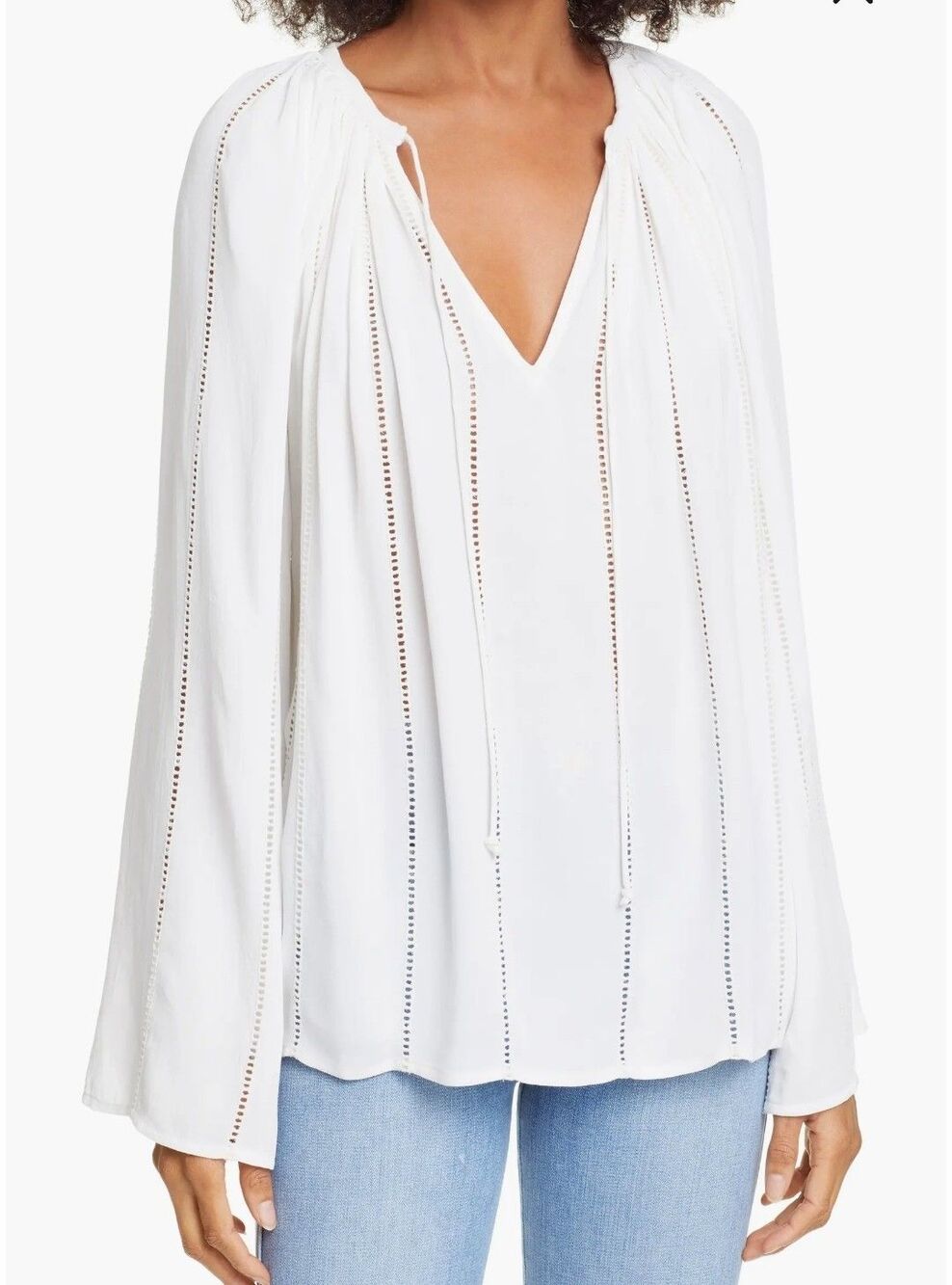 FRAME Lattice Peasant Tie Neck Top Women's Medium Off-White Bell Sleeves Boho